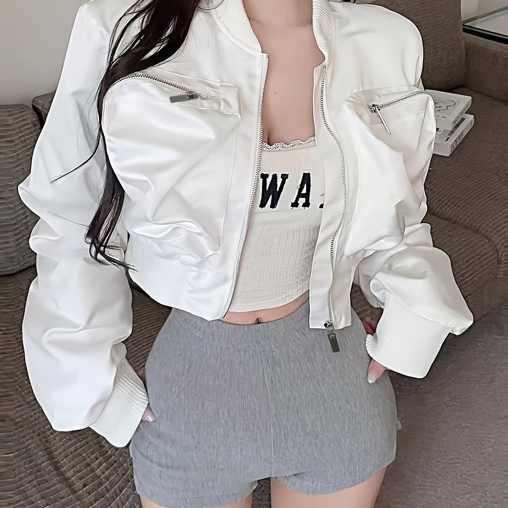 [Full-Zip Jacket] Women's Sexy Crop Jacket with Full-Zip Front Closure - White Oversized Fit & Full-Zip Back - Casual to Formal Outerwear - All-Season Short Coat (Machine Washable) - Full-Zip Jacket for Women - Chic Layering