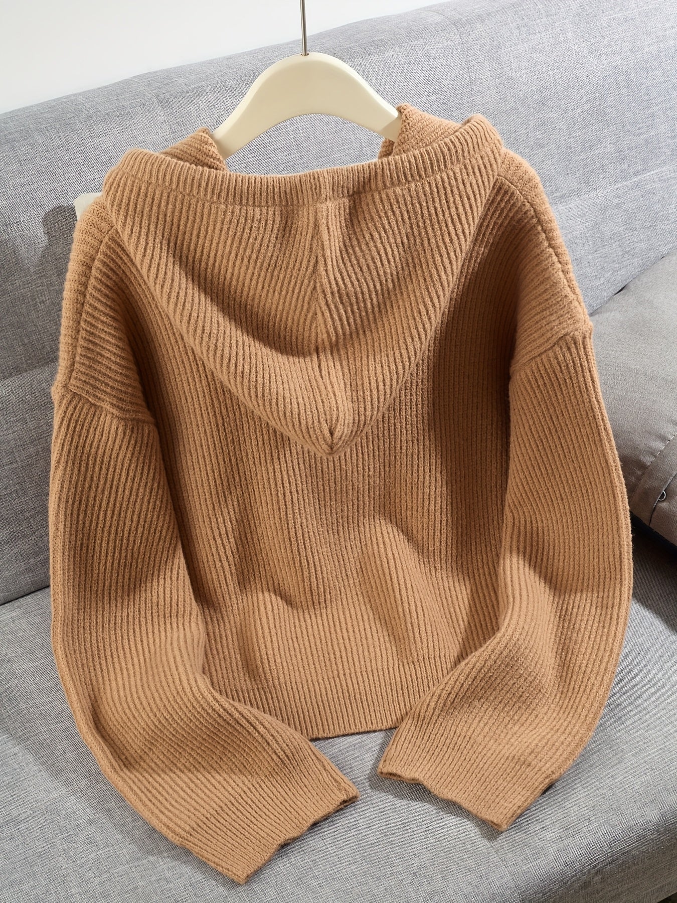 Women's Thick Winter Hooded Zip-Up Cardigan Coat, Brown, Front Zipper Closure, Medium Stretch Fabric for Cold Weather - Casual Outerwear for Everyday & Formal Events