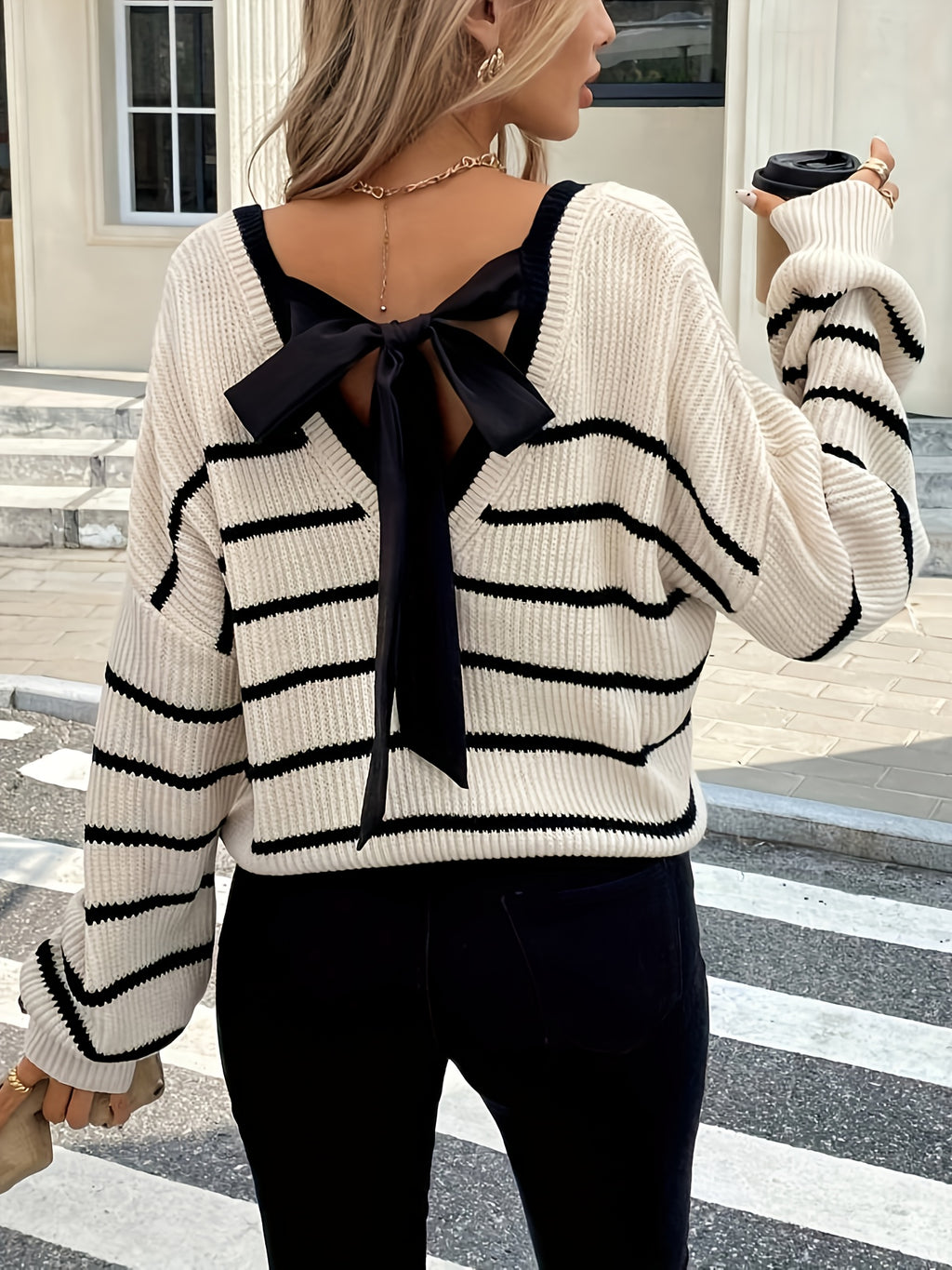 Women'S Elegant French-Inspired Striped V-Neck Sweater with Tie-Back Detail - Casual Long Sleeve Pullover for Fall/Winter, Black & White Vertical Stripes, Button-Up Front, Loose Fit, Casual Winter Wear | Vneck Sweater | Const