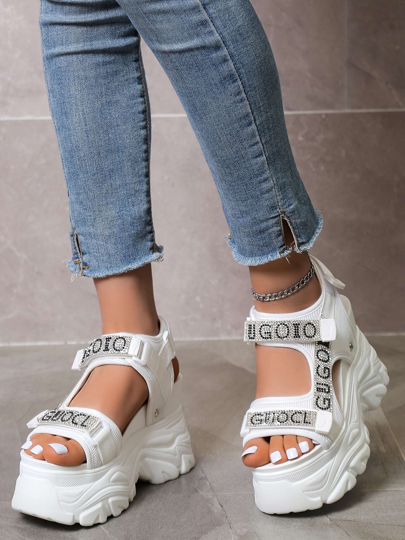 Women's Rhinestone Platform Sandals - Black Open Toe High Heel, Breathable Mesh Upper & PU Sole, Fashionable Summer Shoes with Closure for Casual or Party Wear, Casual Footwear | Rhinestone Embellishments, High Heel Sandals