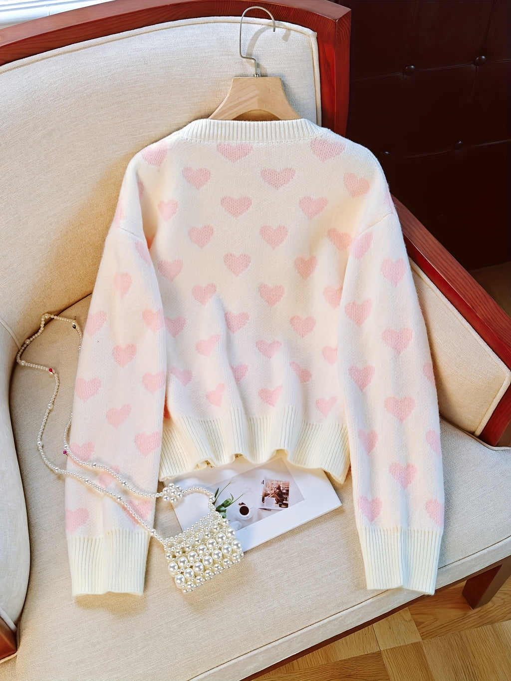 Women'S Pink Heart Sweater - Soft & Cozy Long Sleeve Pullover with Round Neck, Elegant Casual to Formal Wear, All-Season Comfort, Casual Wear Sweater | Round Neck Sweater | Soft Texture