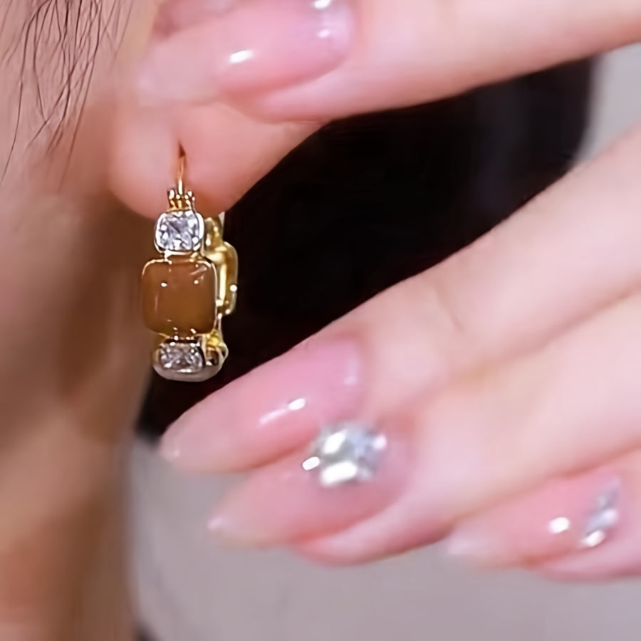 14K Golden Plated Zinc Alloy Hoop Earrings with Artificial Crystal Mosaic, Geometric Enamel Design