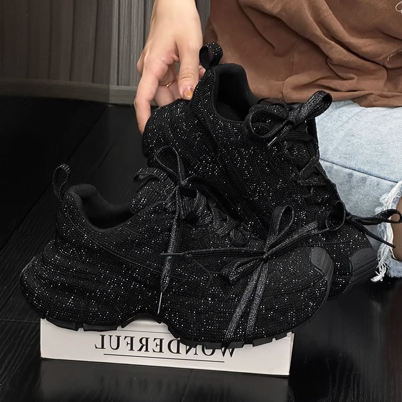 Rhinestone-Adorned Thick-Soled Dad Sneakers