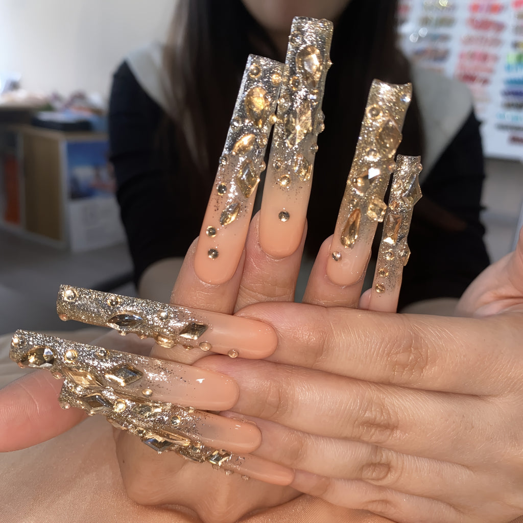 {10pcs} Champagne Golden Full-Coverage Rhinestone Extra-Long Press-On Nails