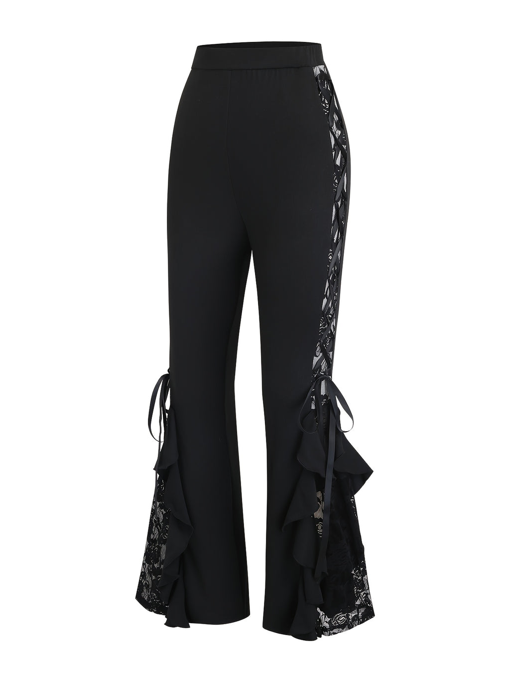 Women's Gothic Flared Pants with Contrast Lace and Tie-Up Design