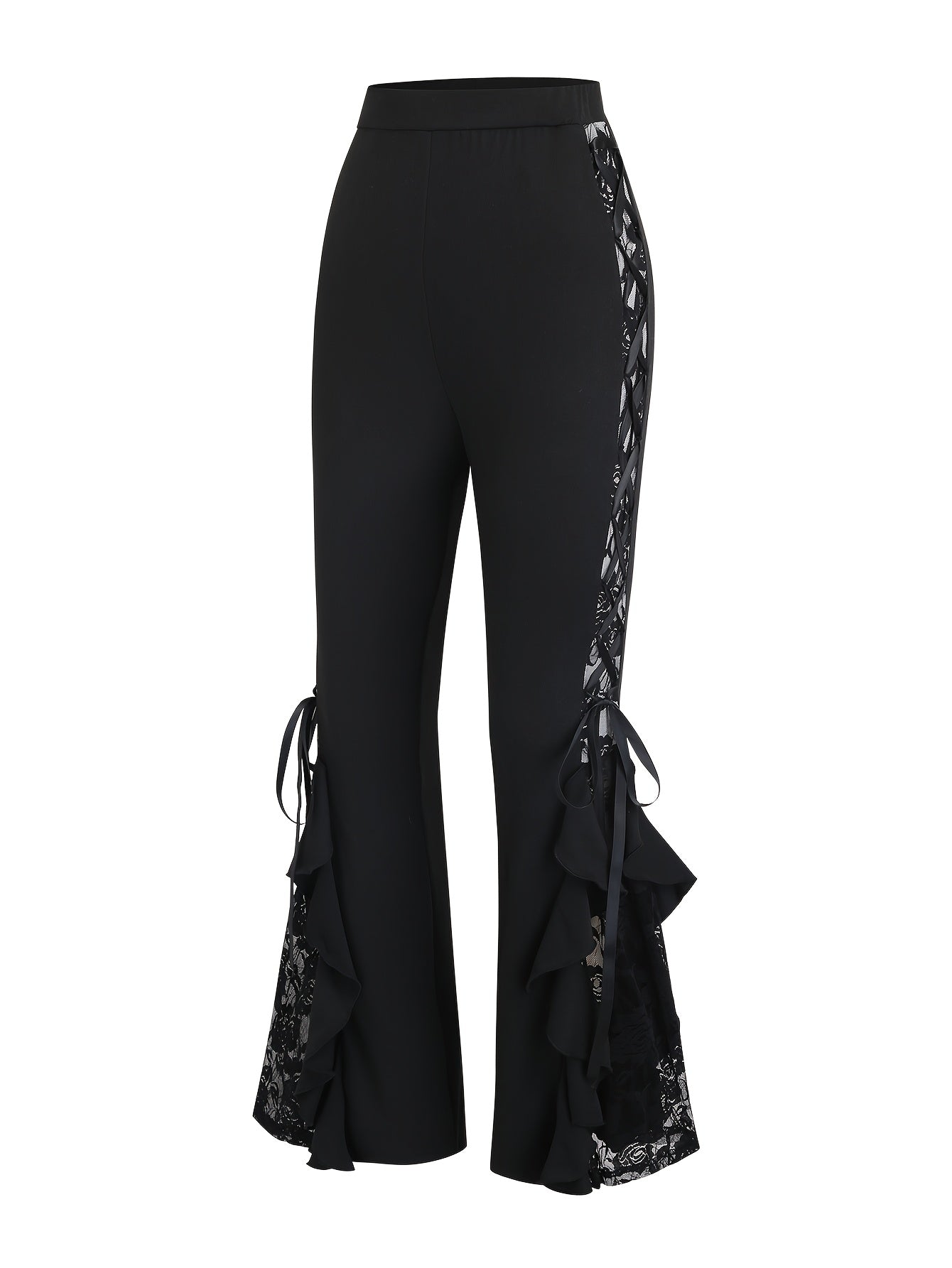 Women's Gothic Flared Pants with Contrast Lace and Tie-Up Design