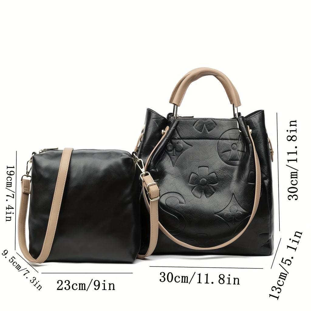Floral Embossed Synthetic Leather Satchel Handbag