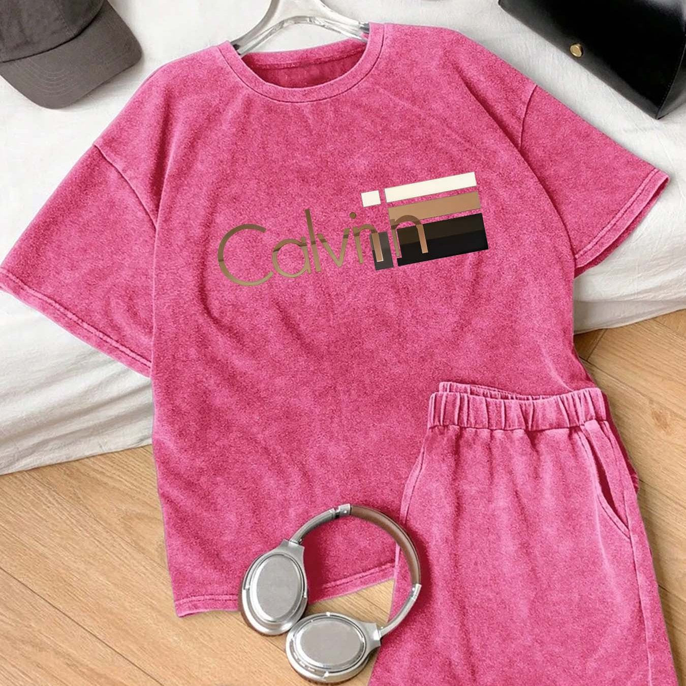 Men's & Women's 230g Heavyweight 100% T-Shirt - Vintage Washed Oversized Short Sleeve Round Neck Pink Tee with Logo-Like Horizontal Stripe Print (Beige//Maroon) - Soft Breathable Casual Summer Top, Locally Shipped, Women Two