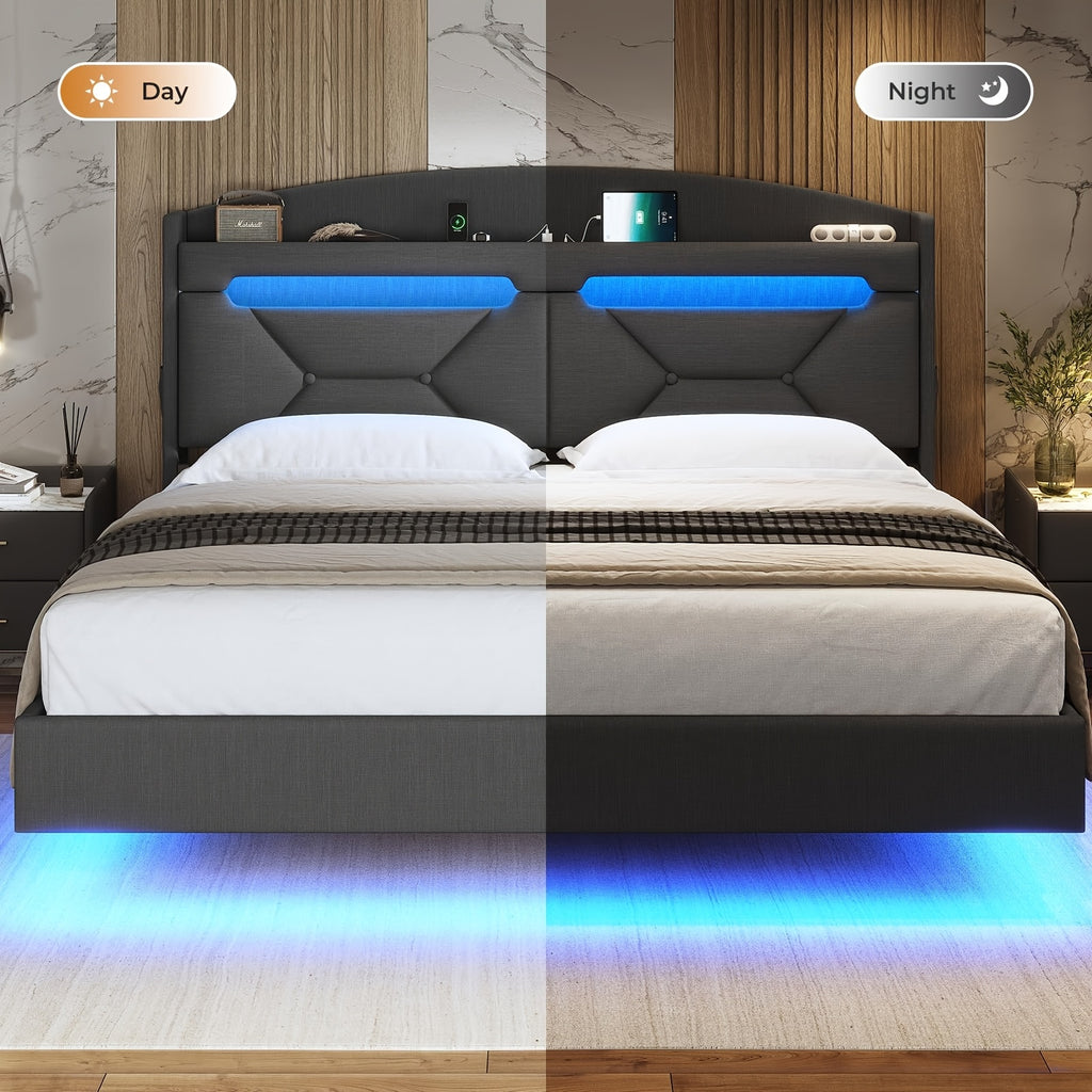 LED Bed Frame with USB Charging Station, Remote Control Floor Mounted Platform Bed with Storage Headboard