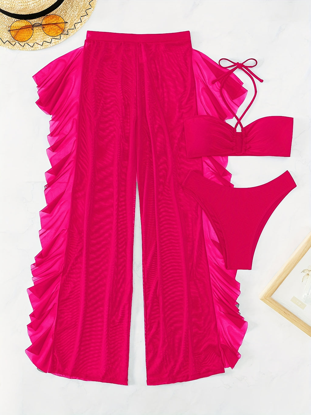 Semi-Sheer Ruched Crisscross Strap Mesh Panty Bikini Set