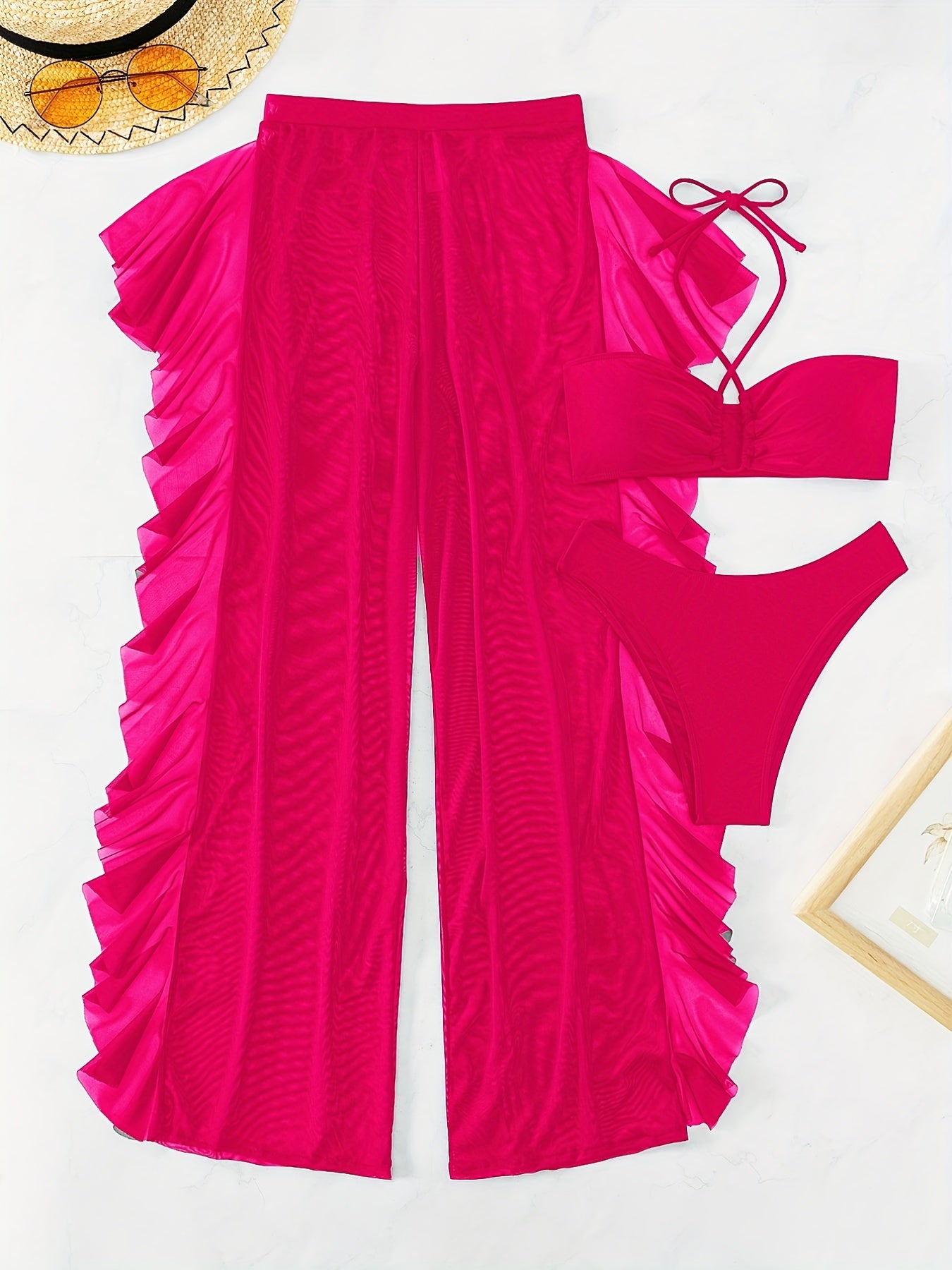 Semi-Sheer Ruched Crisscross Strap Mesh Panty Bikini Set