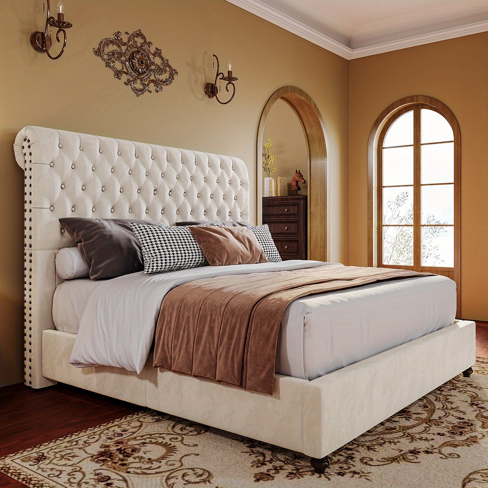 Velvet Bed Frame with Button Tufted 52.8" Tall Sleigh Headboard