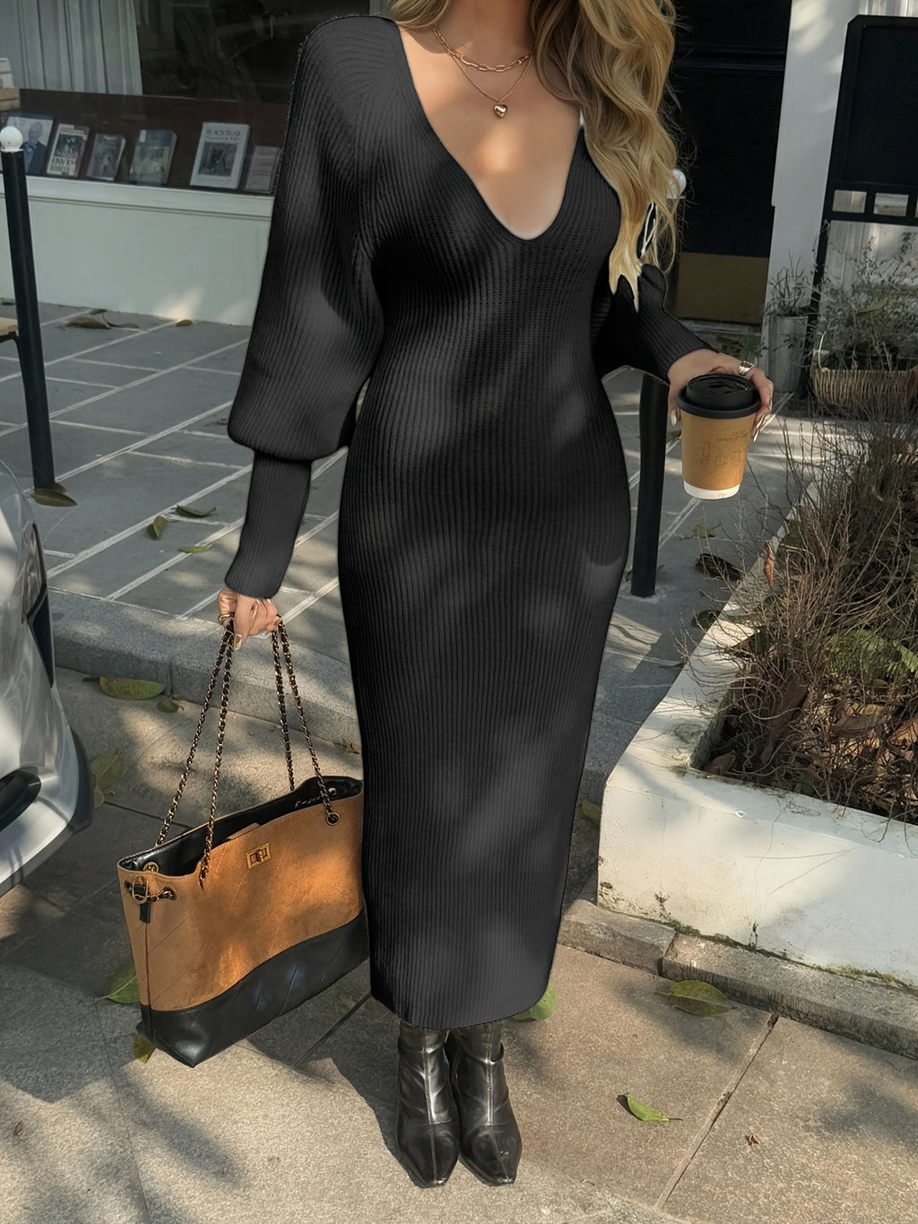 Women's Elegant V-Neck Maxi Dress - Winter Long Dress with V-Neck Bodice & Slim-Fit, Machine Washable Solid Color Dress for Weddings, Parties, - Versatile Fall Winter Wedding Guest Gown (LL168) - Non- Dress, No Bulk