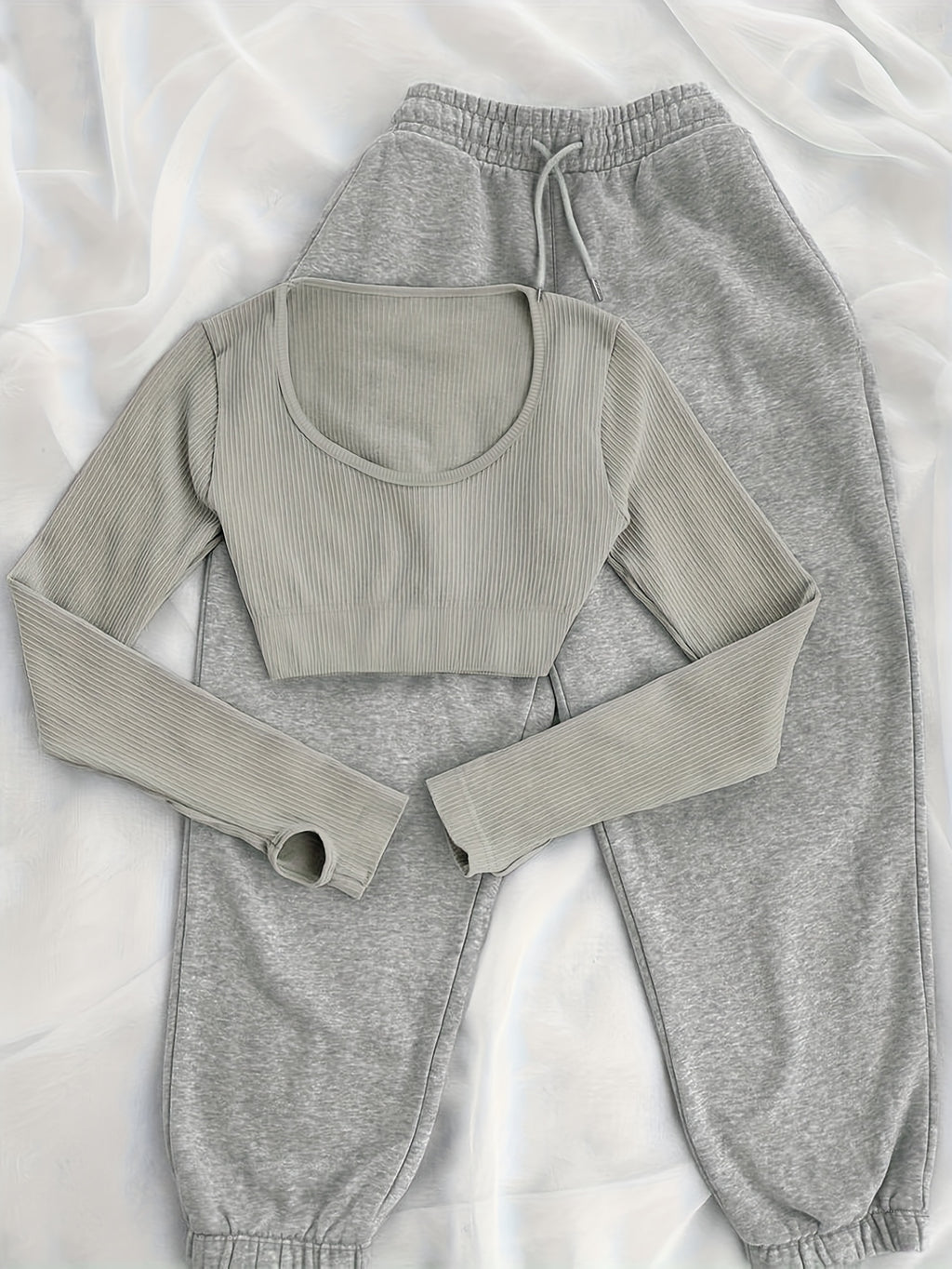 Solid Color Long Sleeve T-Shirt & Wide-Leg Pants with Drawstring Waist