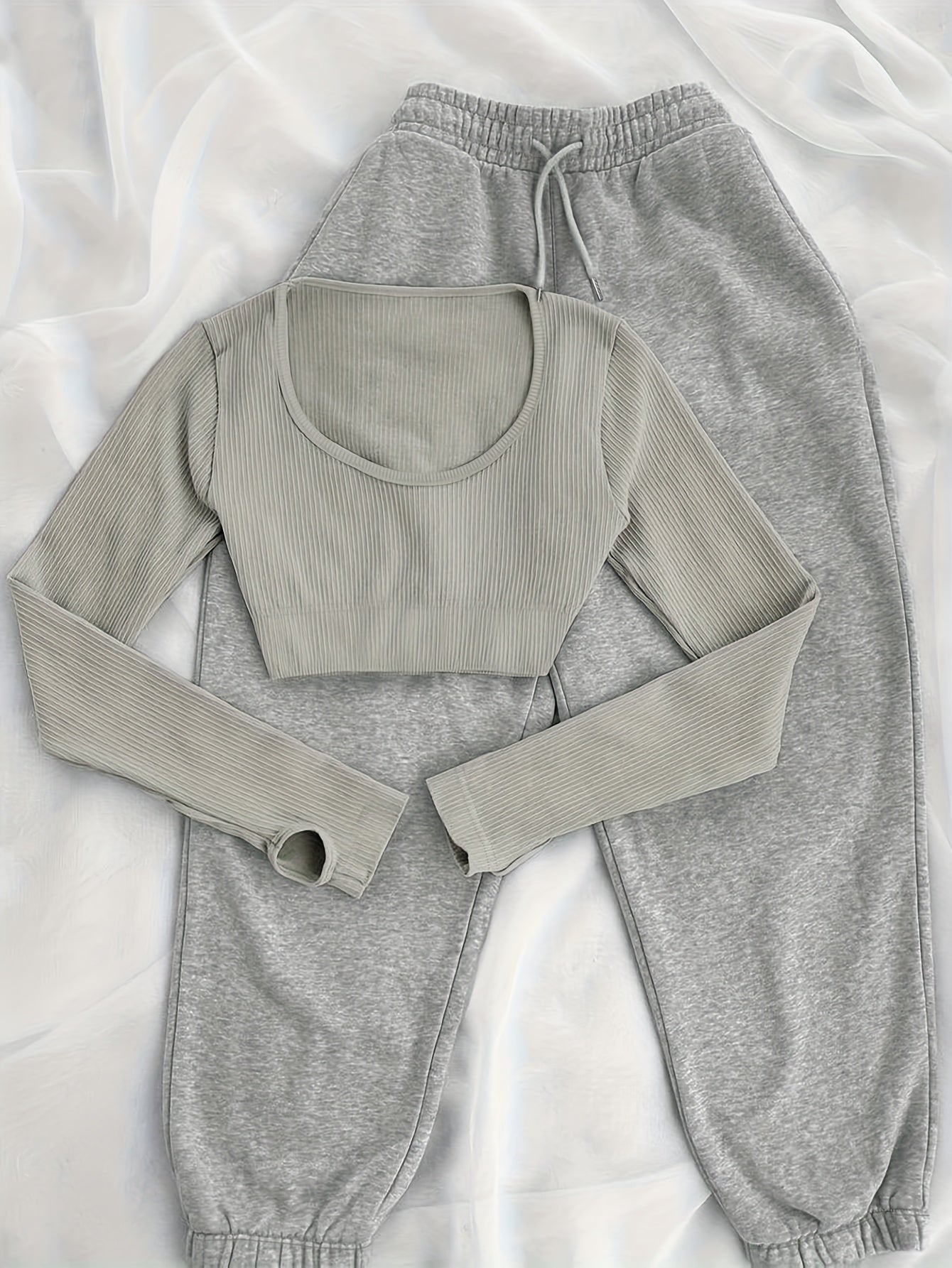 Solid Color Long Sleeve T-Shirt & Wide-Leg Pants with Drawstring Waist