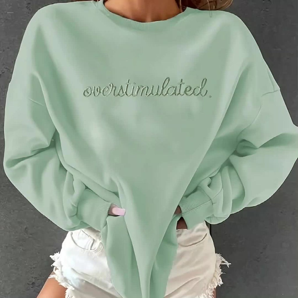 Women'S Sporty Casual Letter Print Crew Neck Sweatshirt - Cozy Fleece-Lined, Machine Washable, Black with "OVERSTIMULATED" Design, Perfect for Fall/Winter, Casual Sportswear | Relaxed Fit Sweatshirt | Machine Washable Top, Sw