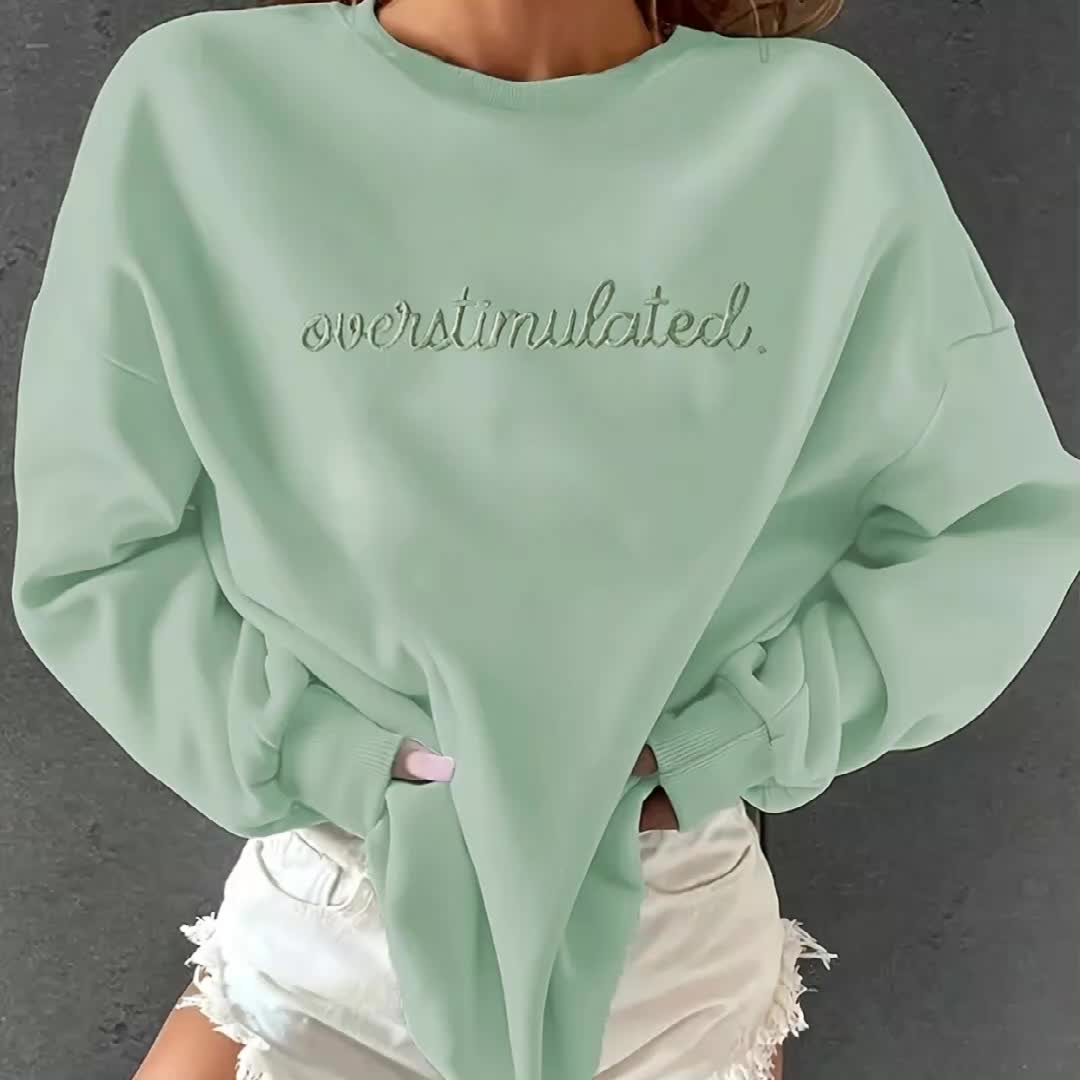 Women'S Sporty Casual Letter Print Crew Neck Sweatshirt - Cozy Fleece-Lined, Machine Washable, Black with "OVERSTIMULATED" Design, Perfect for Fall/Winter, Casual Sportswear | Relaxed Fit Sweatshirt | Machine Washable Top, Sw