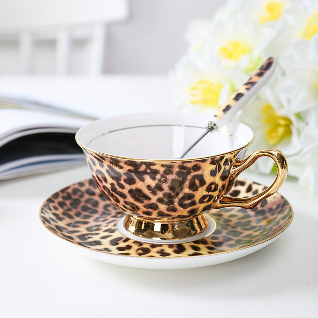 Leopard Print Ceramic Tea Cup、Spoon And Saucer Set