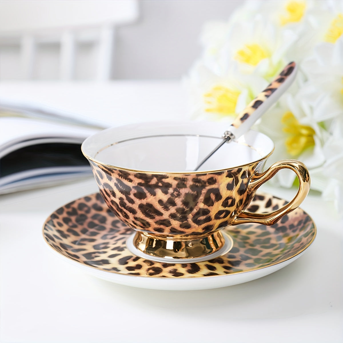Leopard Print Ceramic Tea Cup、Spoon And Saucer Set
