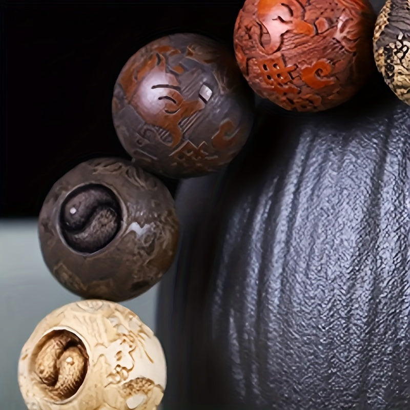 Elegant Hand-Carved Wooden Character Beads Bracelet