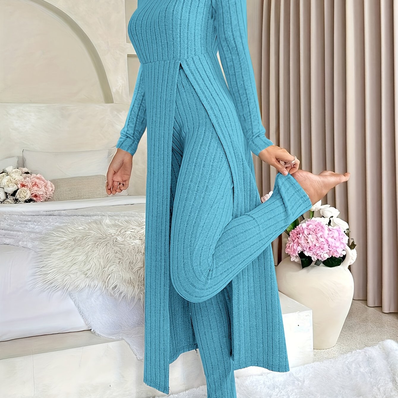 Two-piece Set of Ribbed Long-sleeved Top and Pants