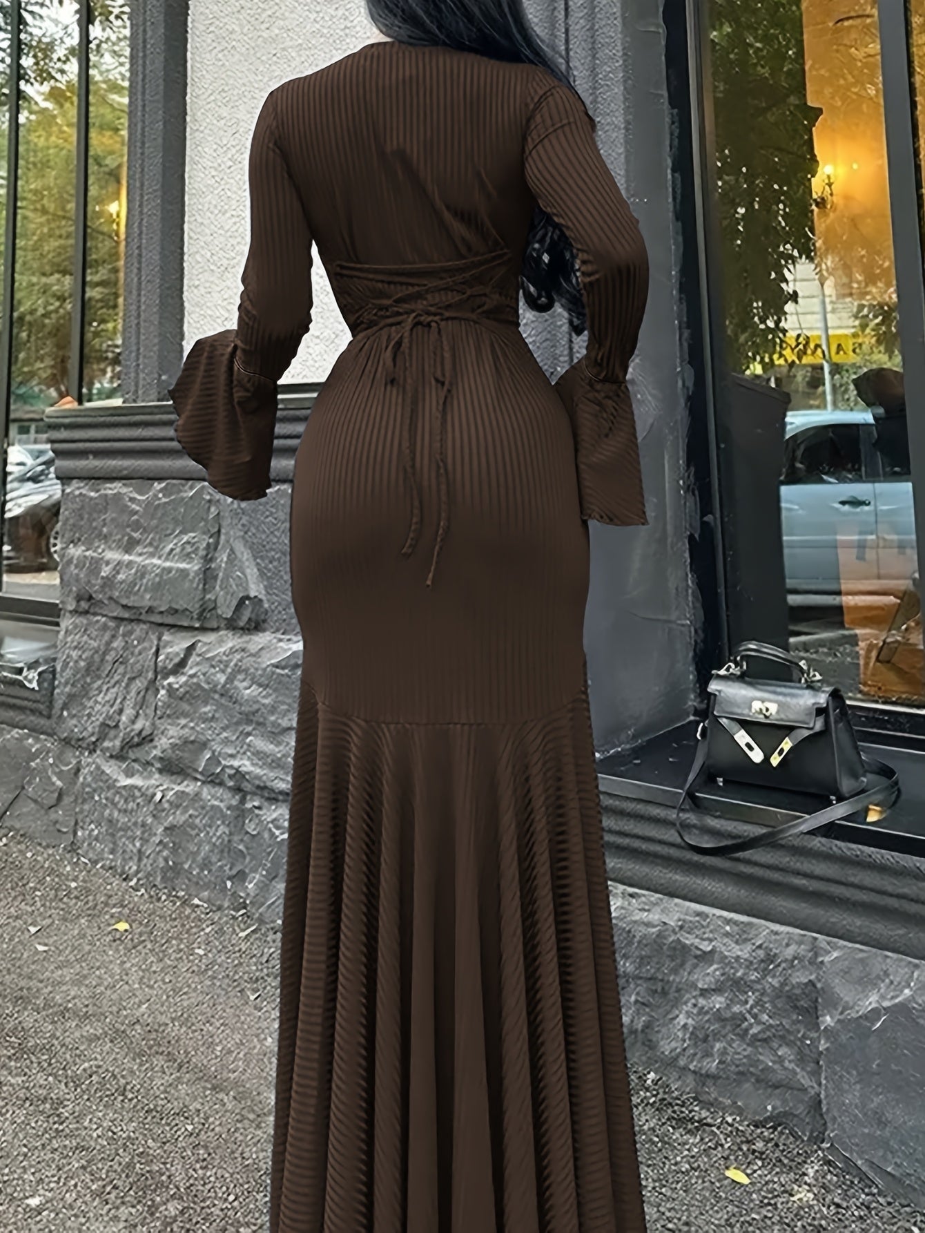 Women's Elegant Fall Winter Mermaid Dress with Bell Sleeves & Back Tie Closure - Long Sleeve A-Line Floor-Length Formal Party Wedding Dress, Machine Washable Round Neck Solid Color (Medium Stretch)