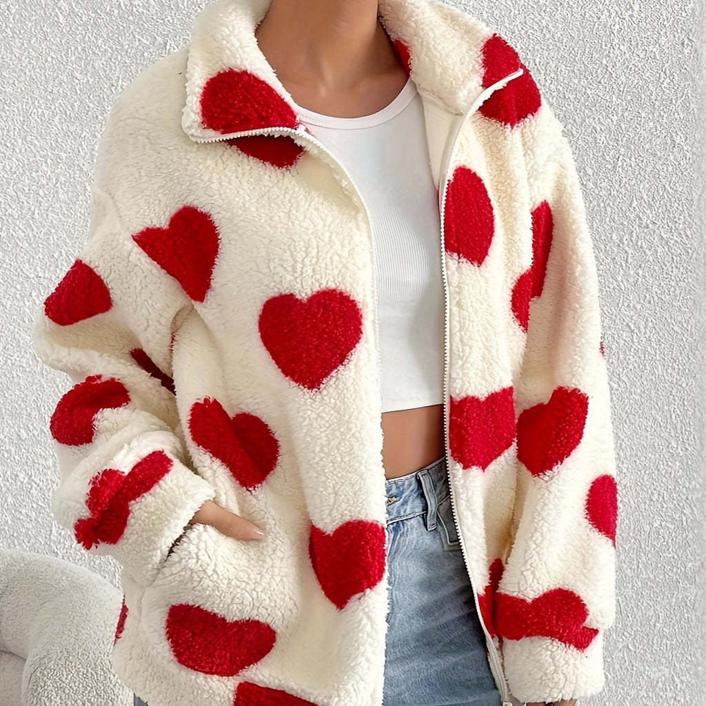 Plush Heart Print Cardigan Sweater Coat
