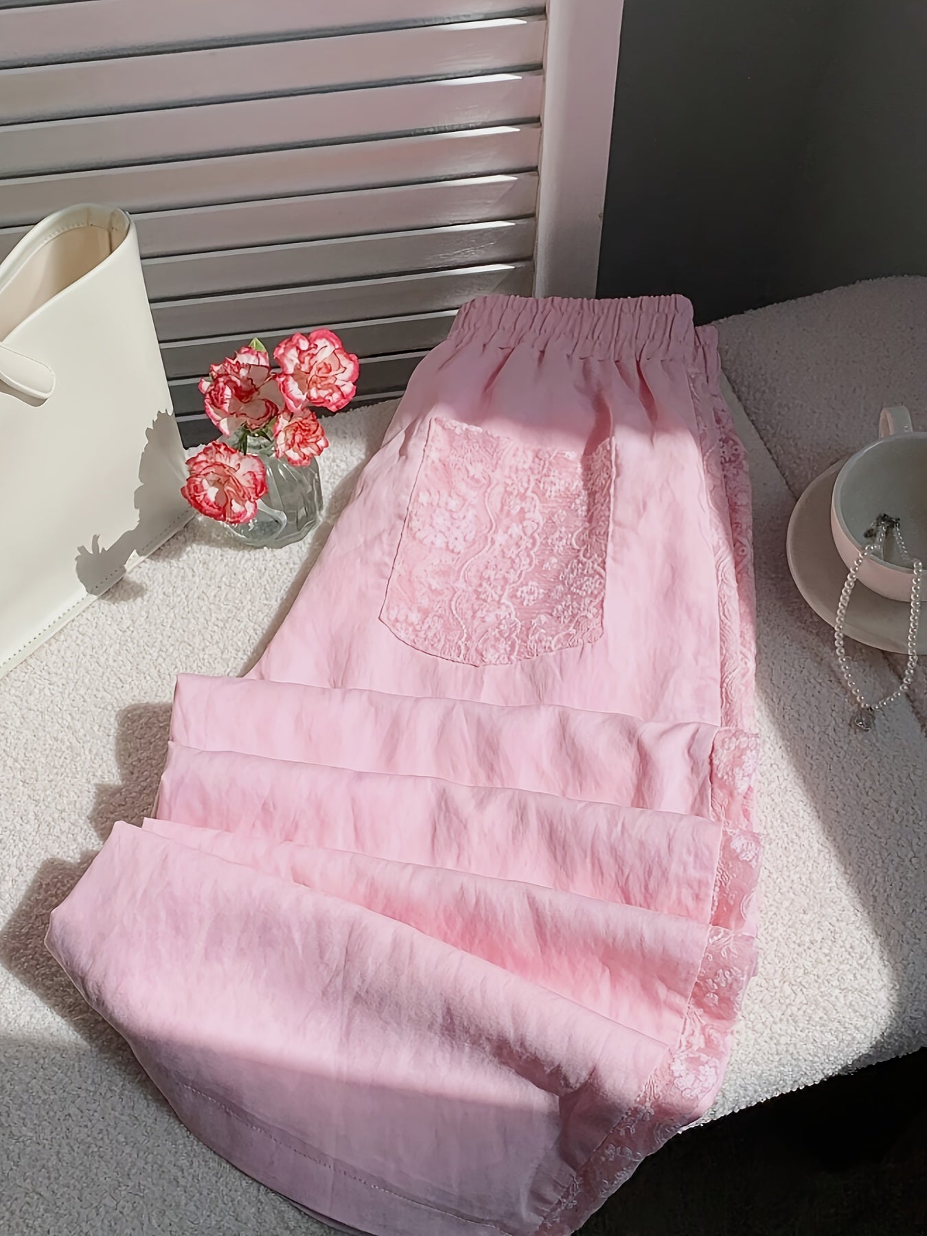 Pink Lace Patchwork Elastic Waist Casual Versatile Trousers