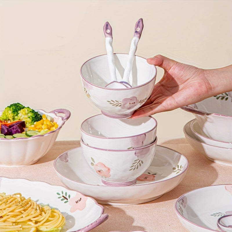 6/8/14pcs Ceramic Tableware, Underglaze Colored Ceramic Tableware Bowls And Plates