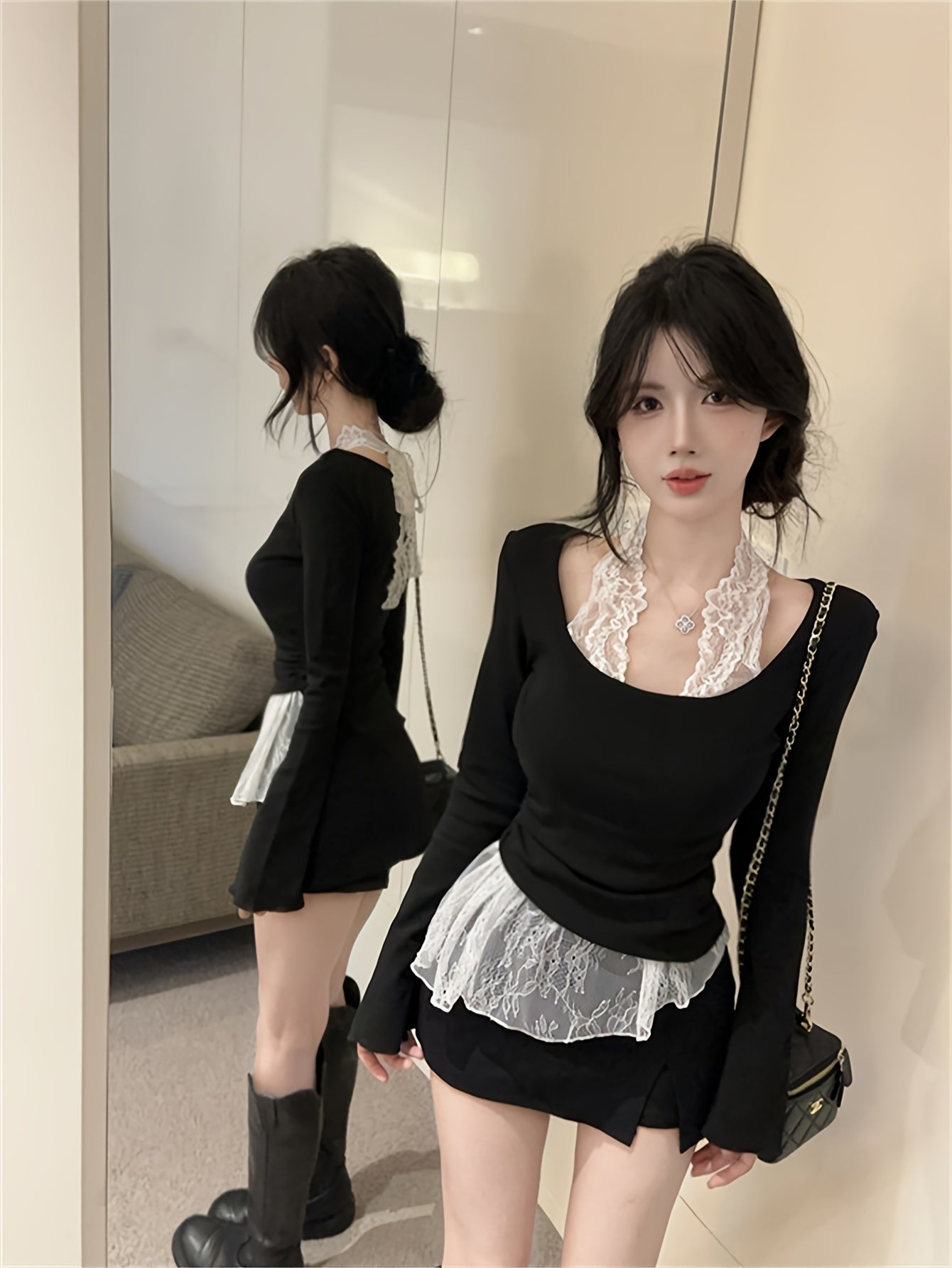 Lace Turtleneck Long-Sleeve Top