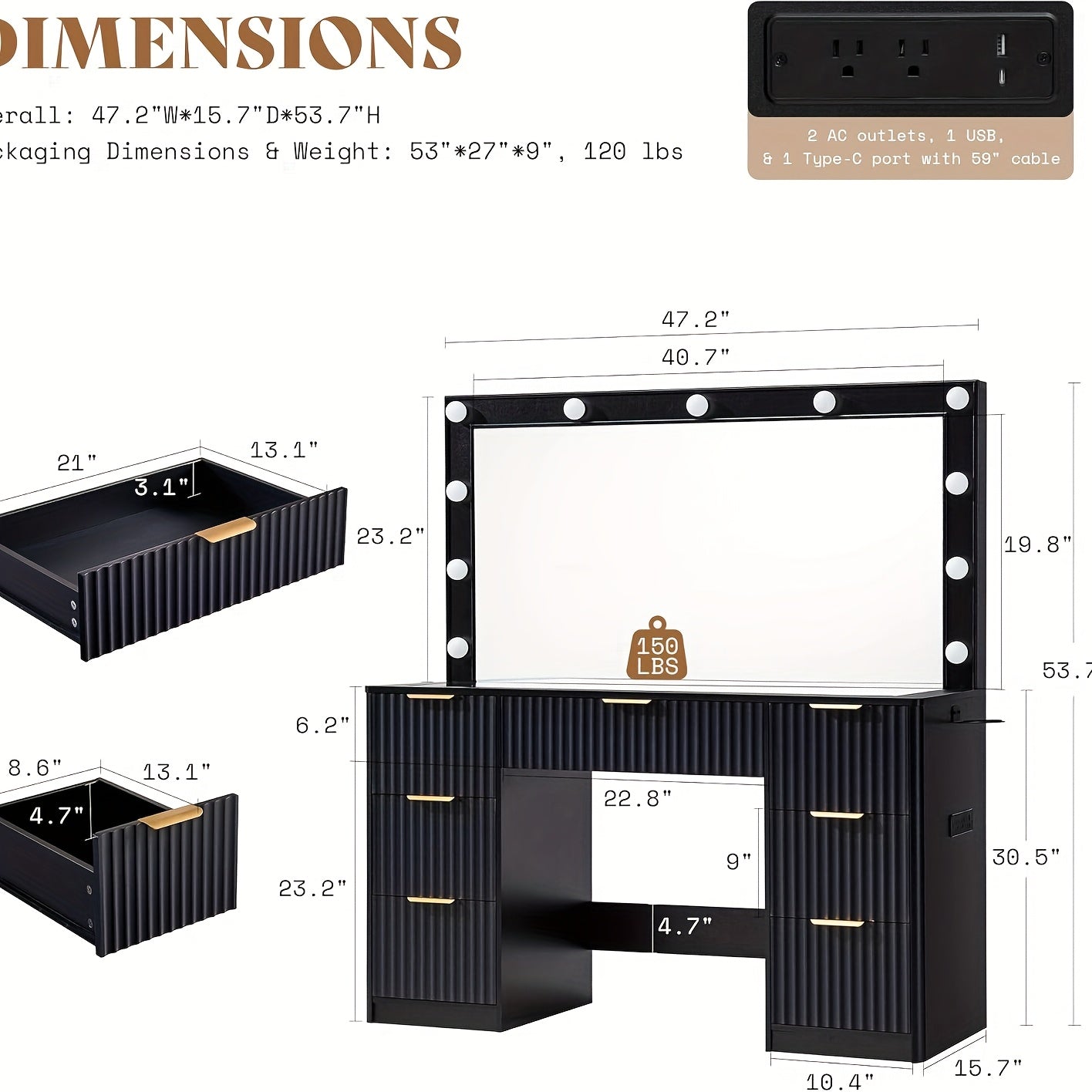 Fluted Vanity Desk With Large Mirror