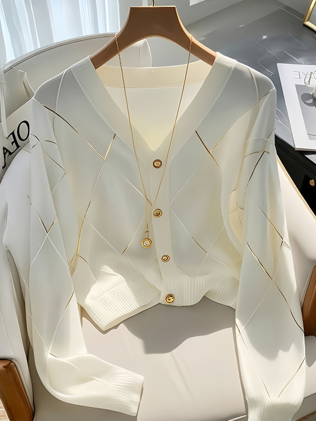 Diamond-Patterned Knitted Long-Sleeve Shirt