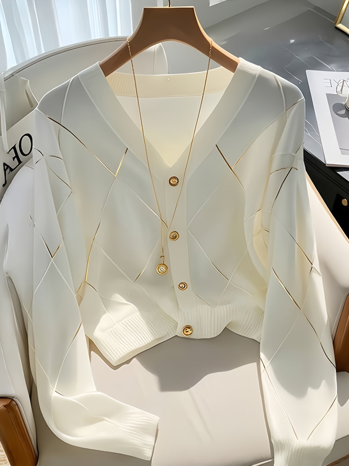 Diamond-Patterned Knitted Long-Sleeve Shirt