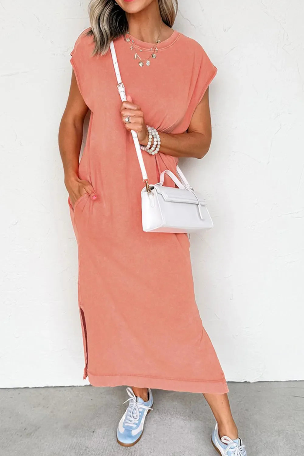 Side Split Round Neck Cap Sleeve T-Shirt Dress