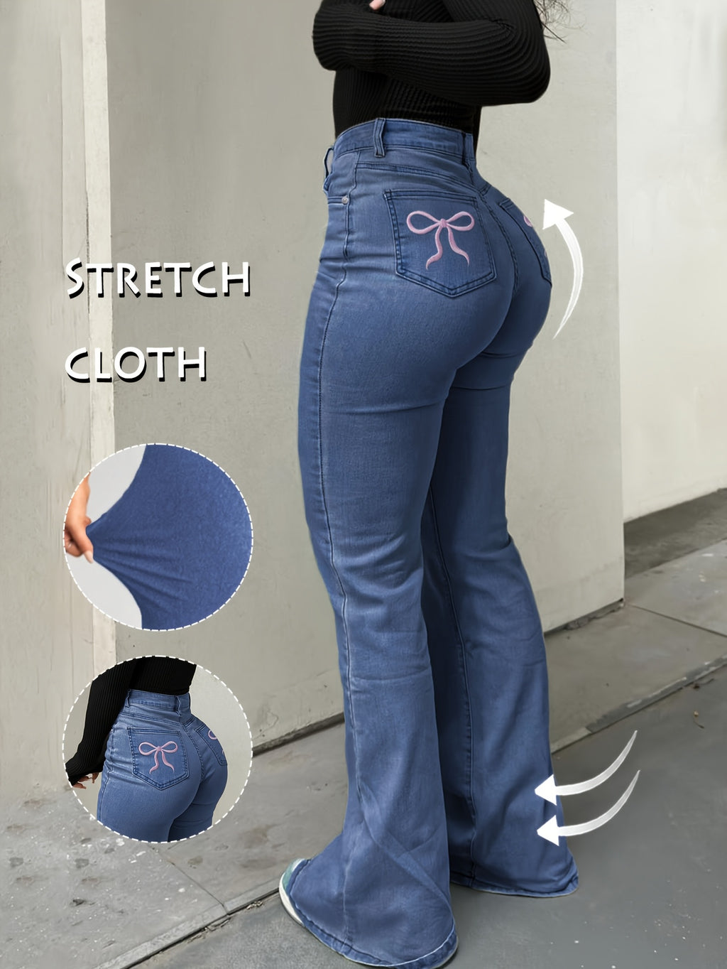 Women'S High-Waisted Stretch Denim Flare Jeans with Embroidered Bow Detail, Street Style Casual Pants, All-Season Comfort, Blue, High Waisted Jeans, Comfortable Fashion, Durable Fabric