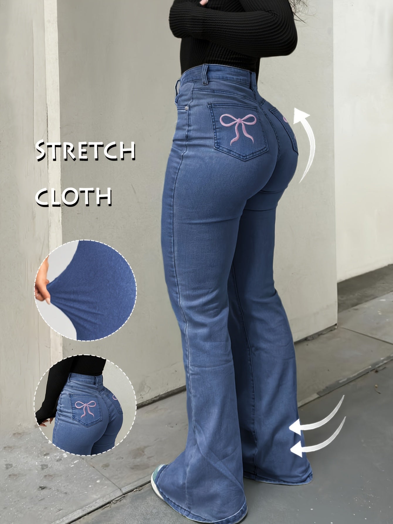 Women'S High-Waisted Stretch Denim Flare Jeans with Embroidered Bow Detail, Street Style Casual Pants, All-Season Comfort, Blue, High Waisted Jeans, Comfortable Fashion, Durable Fabric