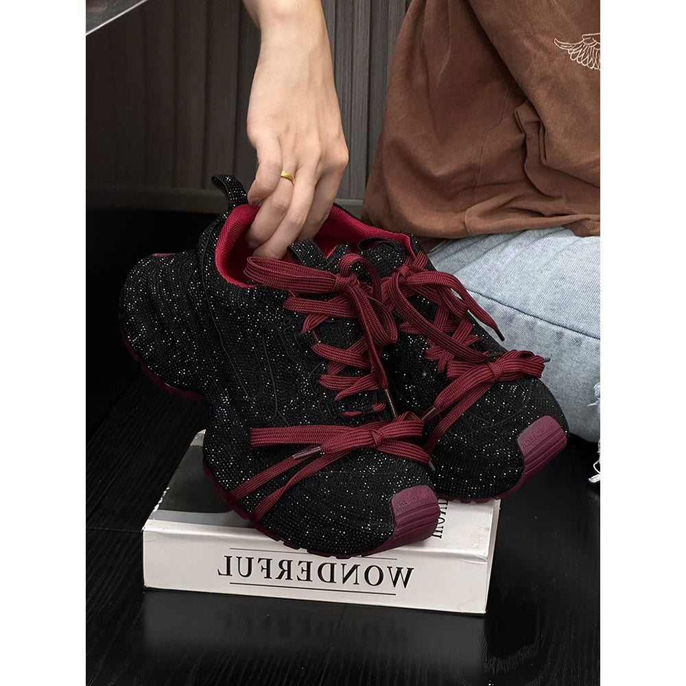 Rhinestone-Adorned Thick-Soled Dad Sneakers