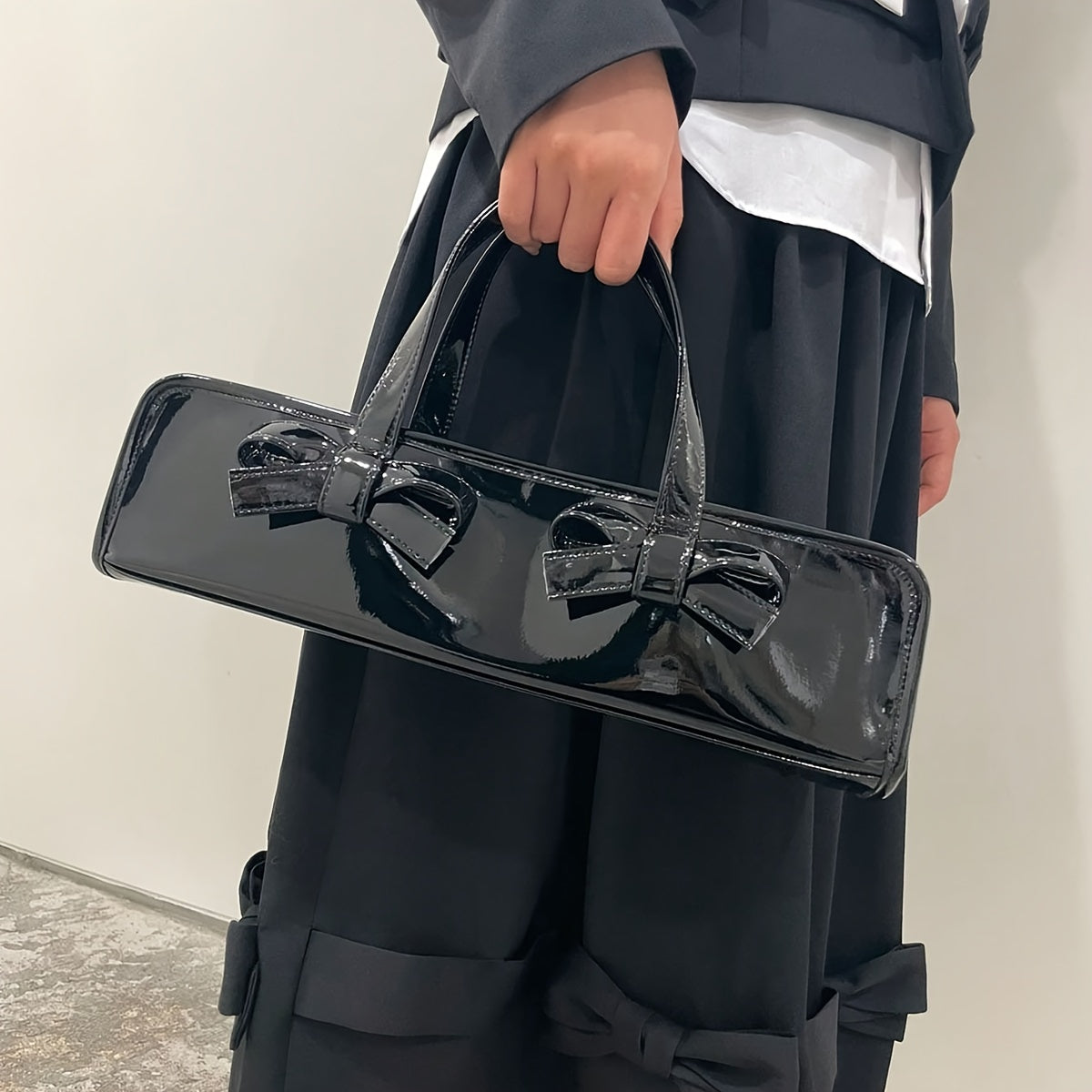 Glossy Bow-Adorned Handbag
