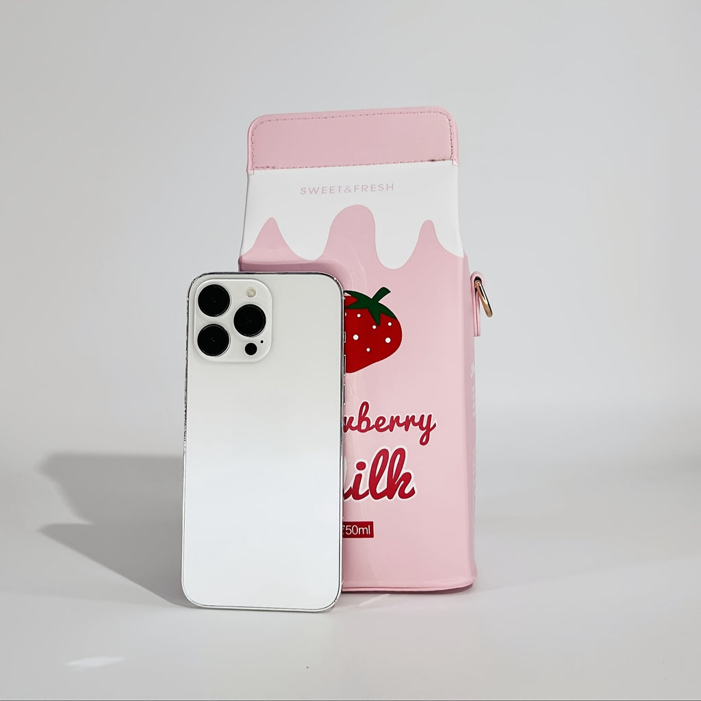 Women's Fashion Milk Carton-Shaped Letter and Cow Print Crossbody Bag with Adjustable Strap and Zipper Closure, Casual Commuter Satchel for Travel and Everyday Use - Strawberry Pattern Square Purse, Lightweight Handbag, Playf