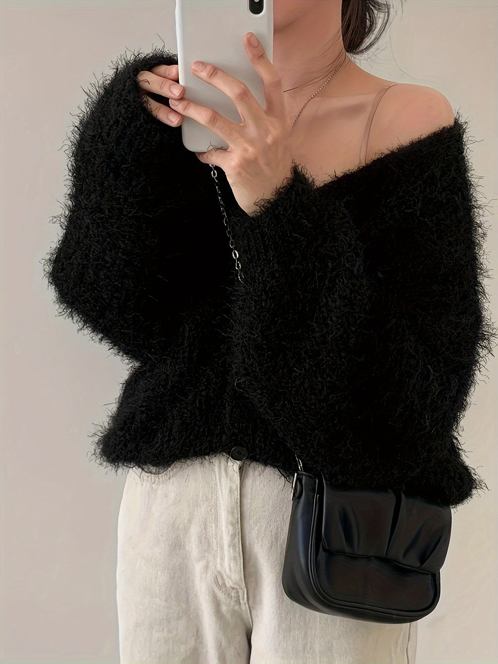 Women's Cozy V-Neck Sweater Coat Imitation Mink Cardigan - Loose Fit Long Sleeve Medium Stretch Fall Winter Casual Outerwear, Cute Sweater, Seasonal Wardrobe, Relaxed Silhouette, Soft Fabric, Casual Attire