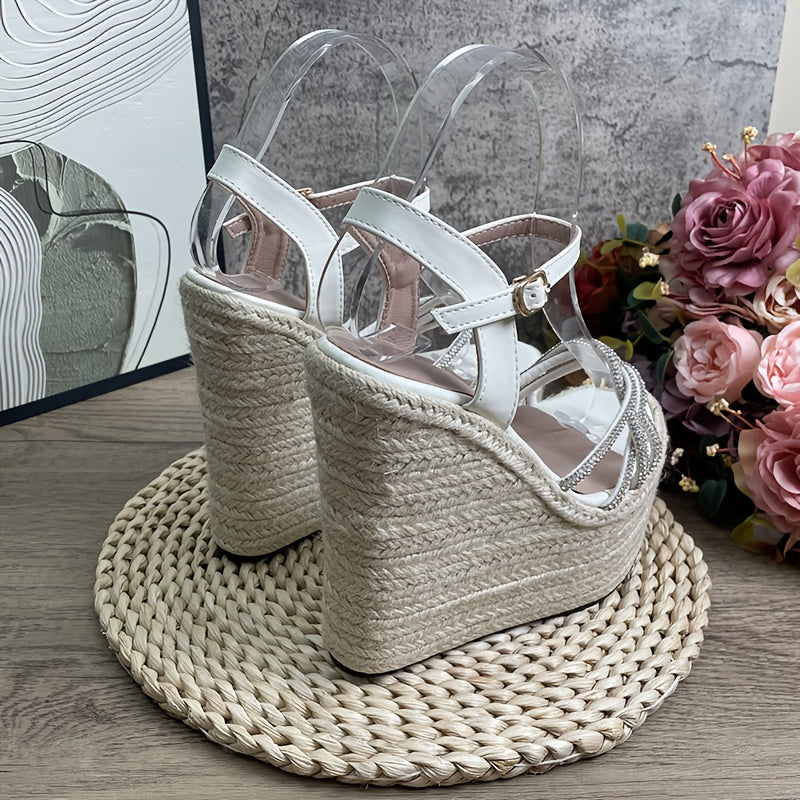 Women's Elegant Platform High Heel Sandals - Open Toe Formal & Casual Shoes for Parties, Office, Everyday - Beige/with Metallic Buckle Closure - Thick Platform Wedge Heel - Cushioned Insole & Non-Slip Rubber Sole