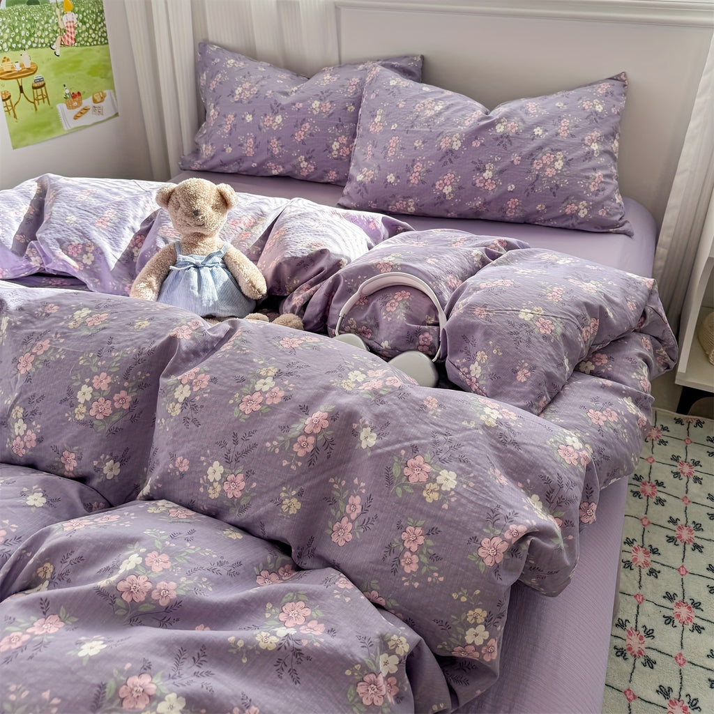 Hibiscus Pattern Fresh Style 4pcs Bedding Set (1 Duvet Cover + 1 Fitted Sheet + 2 Pillowcases)