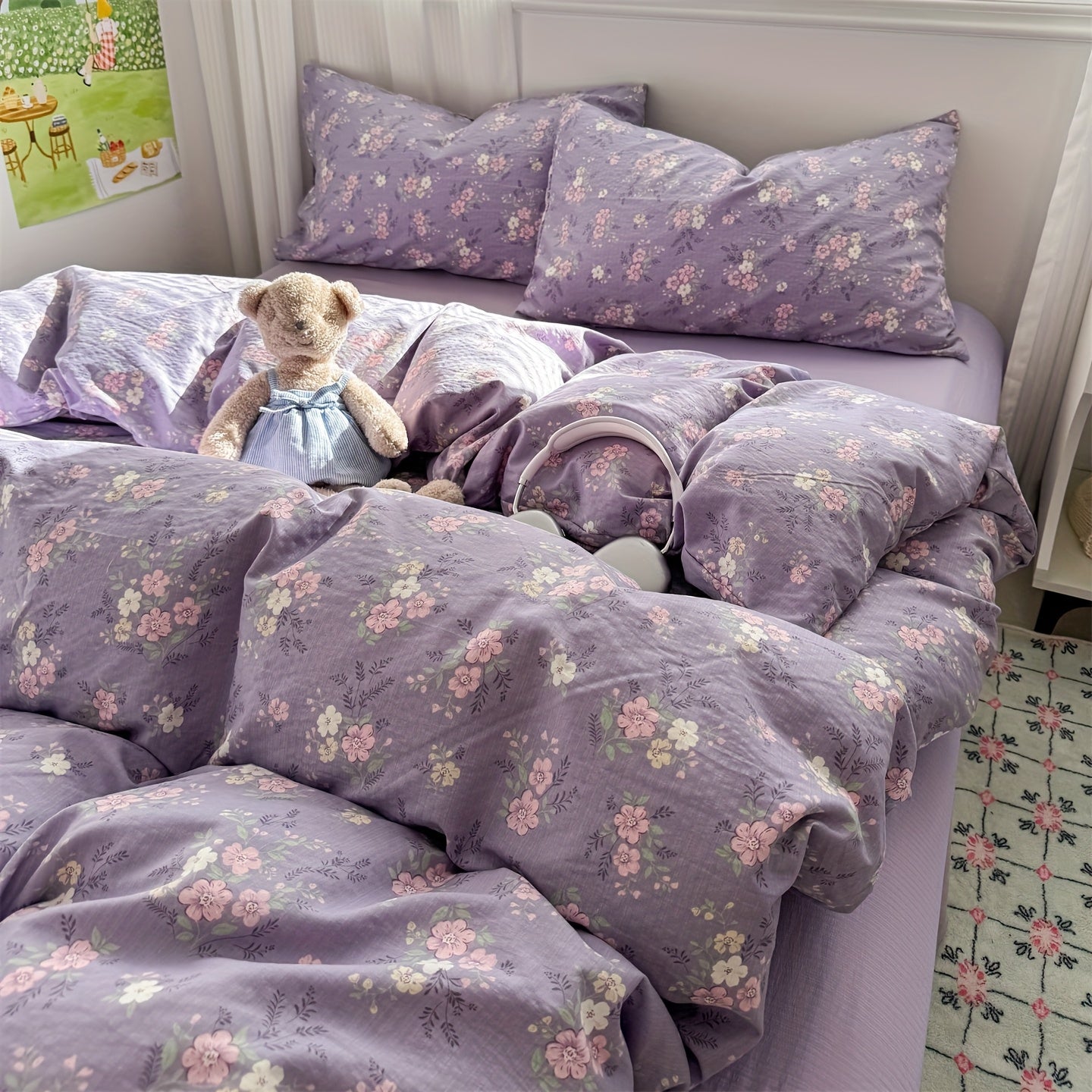 Hibiscus Pattern Fresh Style 4pcs Bedding Set (1 Duvet Cover + 1 Fitted Sheet + 2 Pillowcases)