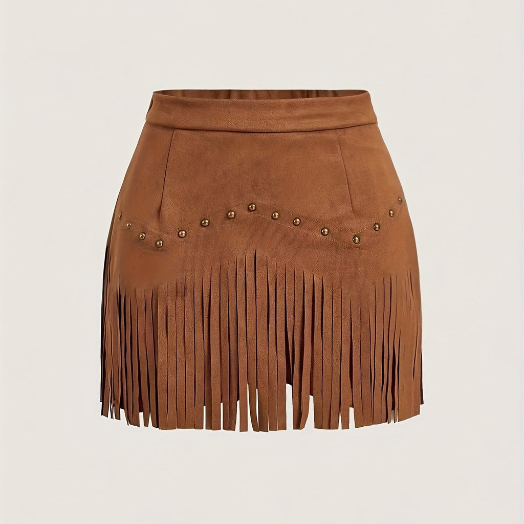 Women's Vintage Rivet Tassel Brown A-Line Skirt