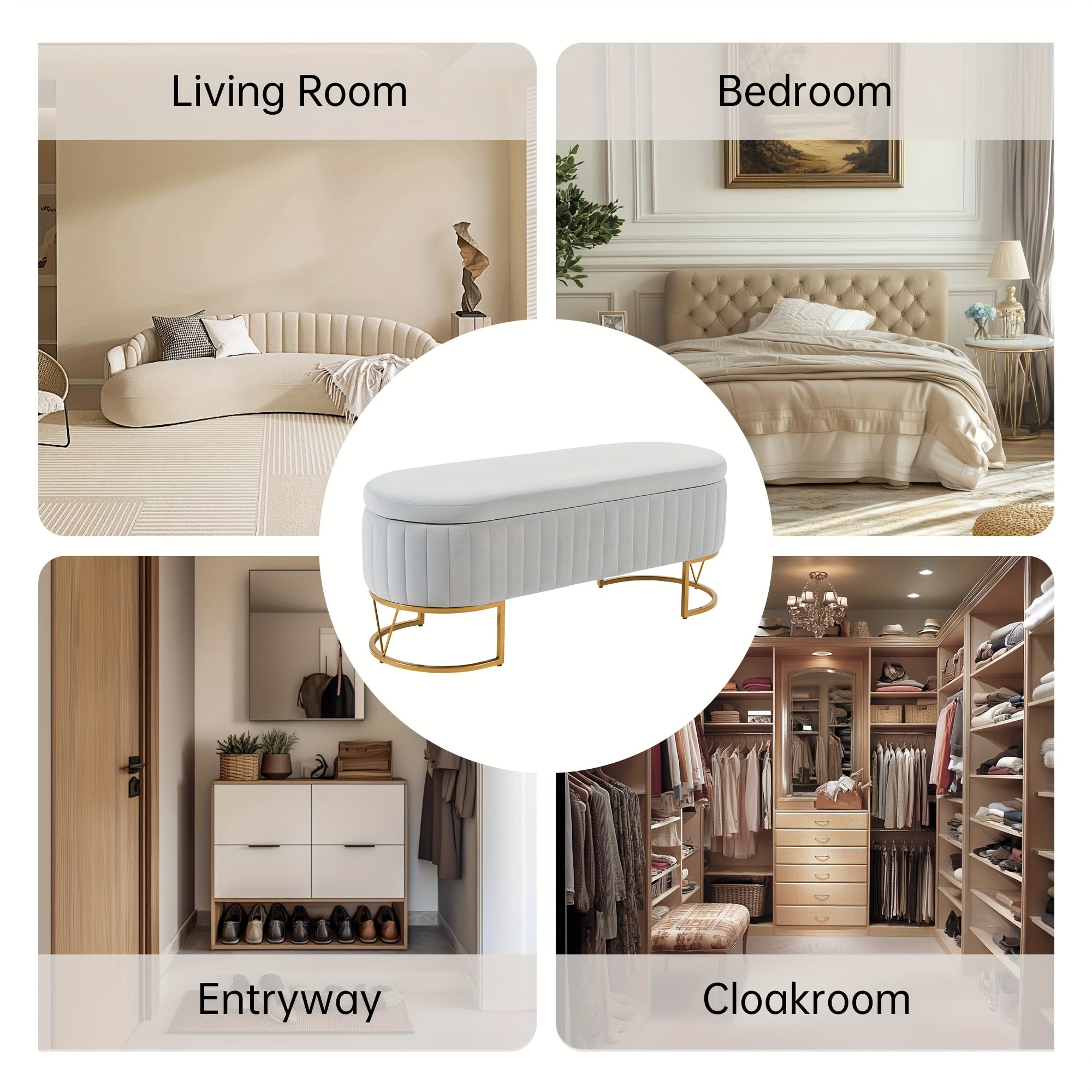 White Velvet Upholstered Storage Ottoman Footrest with Golden Legs