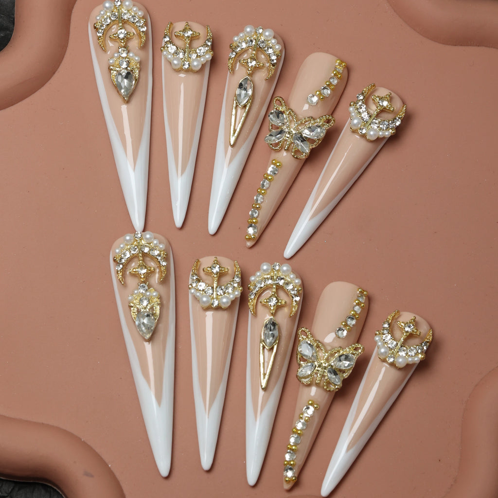 {10pcs} Handmade Extra Long French Press-On Nails with 3D Butterfly & Rhinestone Accents