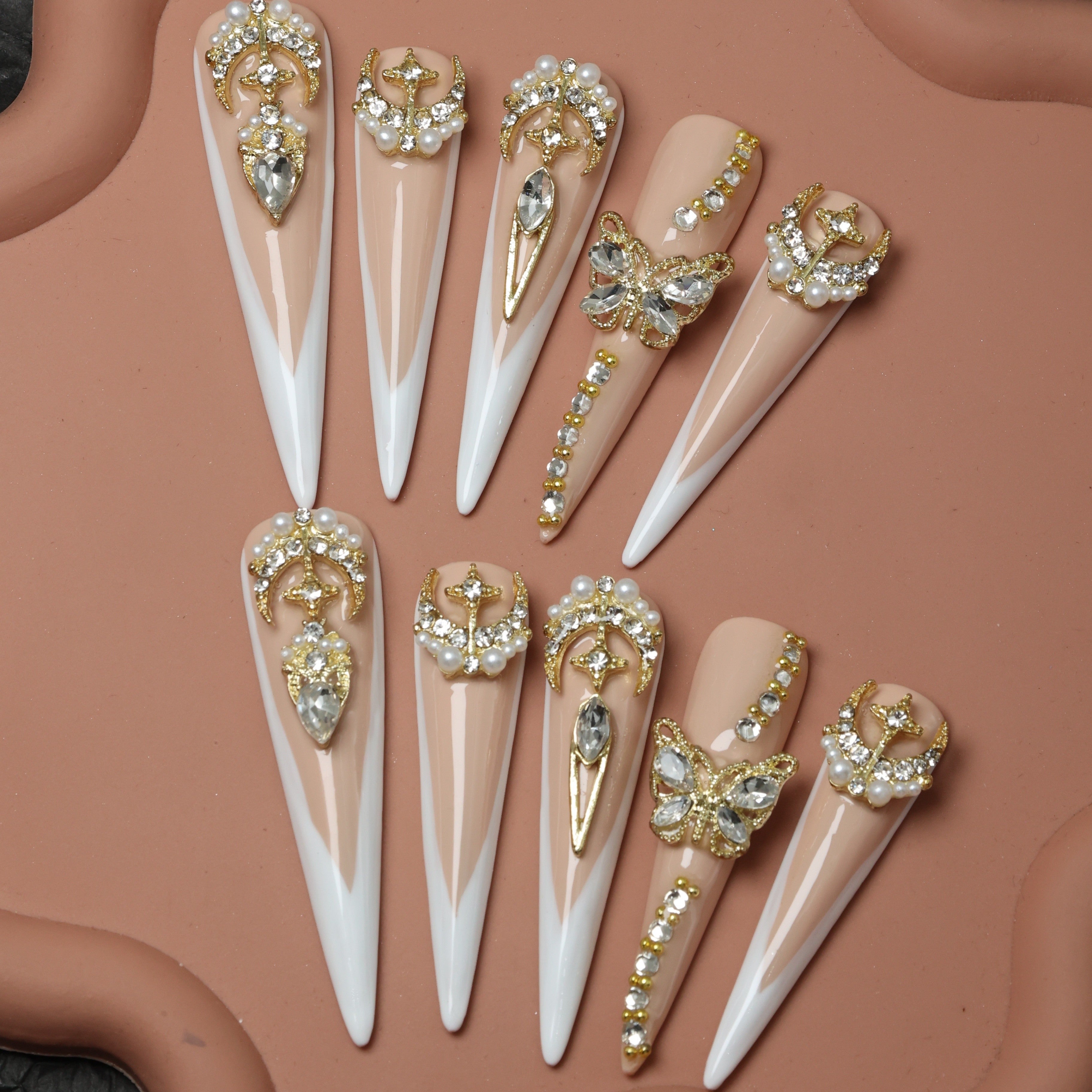 {10pcs} Handmade Extra Long French Press-On Nails with 3D Butterfly & Rhinestone Accents