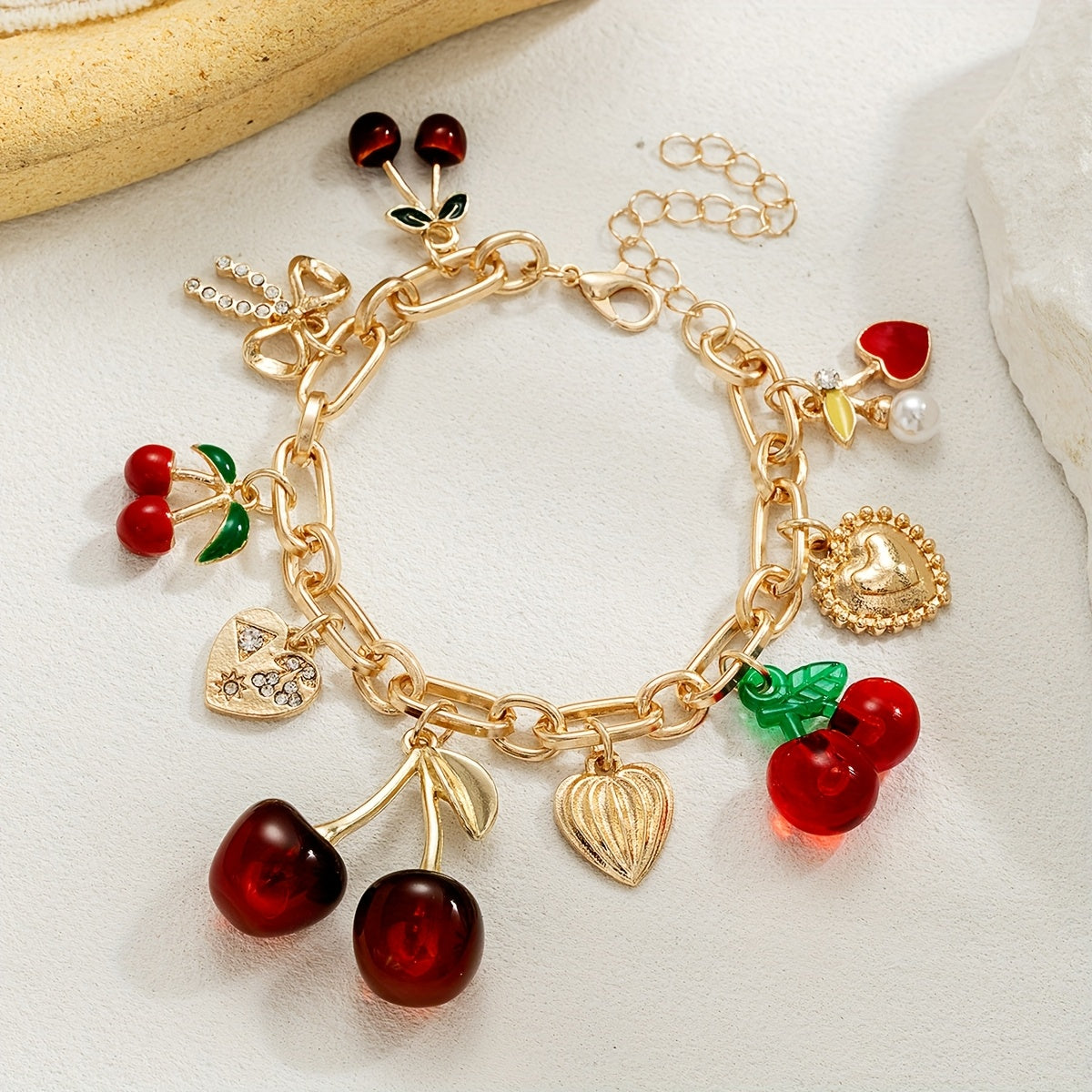 Sweet Cherry Bracelet with Heart & Bow Charm