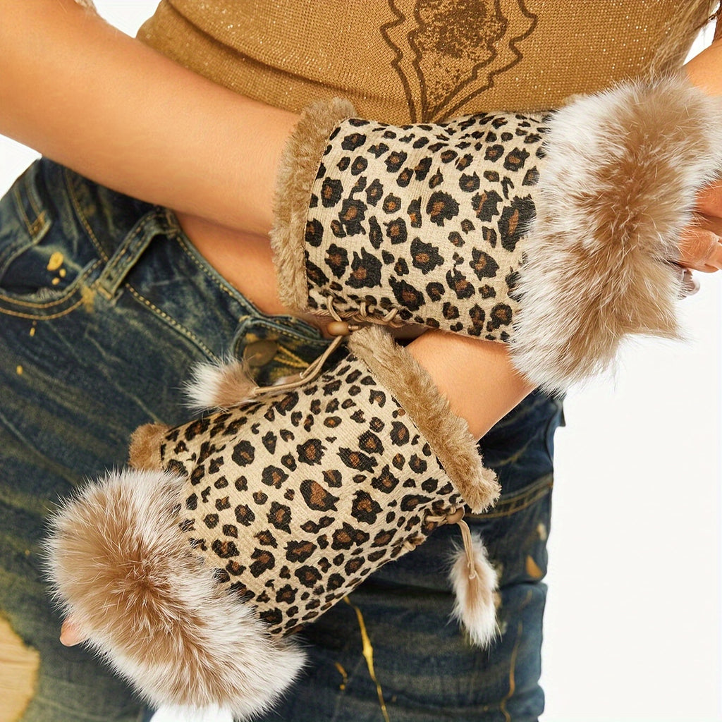 Leopard Print Plush Faux Fur Mittens