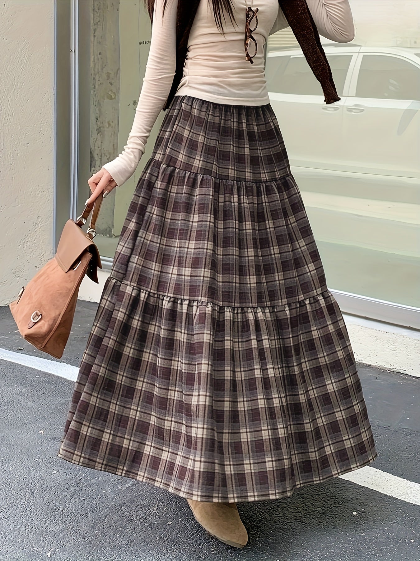 Women'S High-Waisted A-Line Maxi Skirt - Flared Hem, Brown & Black Plaid, Loose Fit Vintage Skirt for Fall/Winter, Casual to Formal Outfits - Non-Belted Waist Everyday & Special Occasion Skirt, Cute Skirts, Winter Fashion, Re